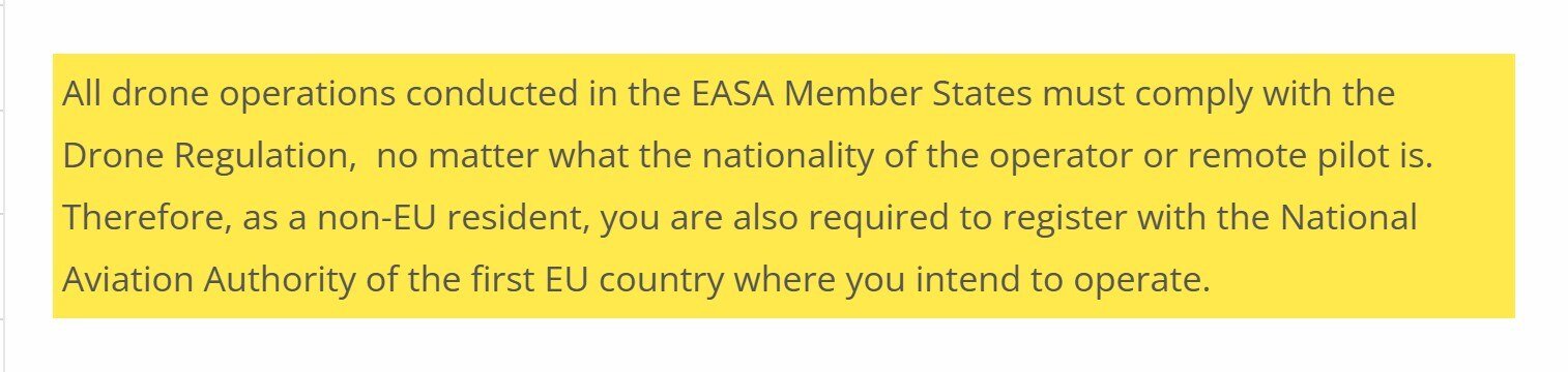 Trecho da FAQ da EASA para não residentes na UE, com a regra de registro destacada