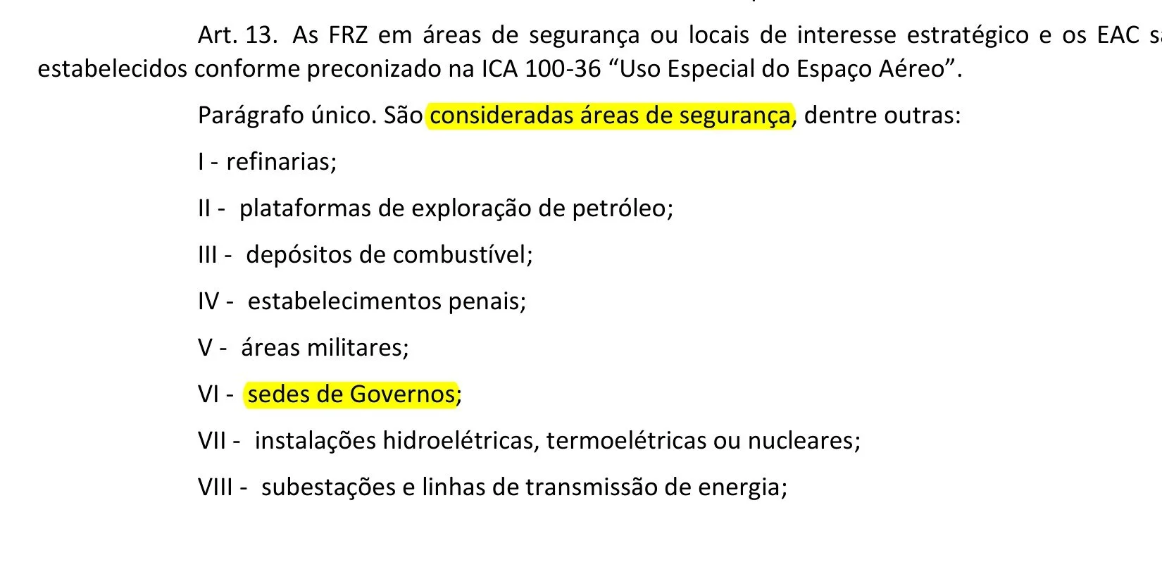 Trecho da ICA 100-40 com o art. 13 e o inciso VI, sedes de Governos, destacados