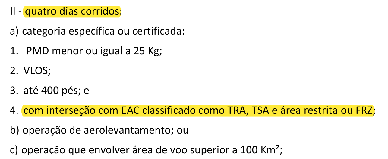 Artigo 57, inciso II, da ICA 100-40 com o prazo de quatro dias corridos para operação com interseção em FRZ ou área restrita destacado