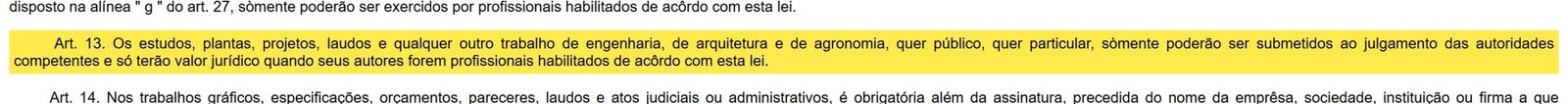 Trecho da Lei 5.194/1966 com o artigo 13 destacado, sobre o valor jurídico dos trabalhos técnicos