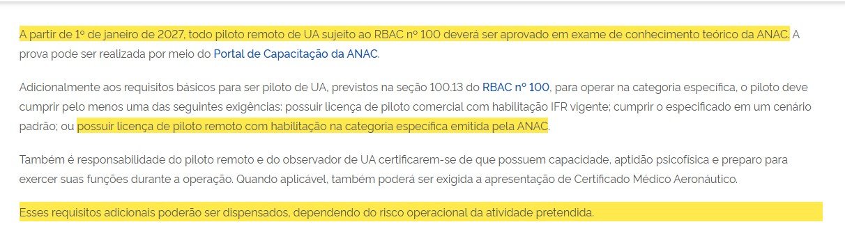 Página da ANAC sobre licença, habilitação e certificado médico com os trechos sobre o exame e a licença destacados