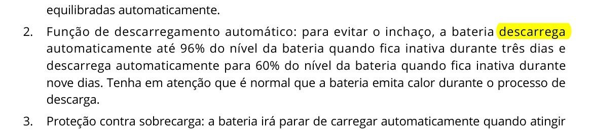 Trecho do manual com a função de descarregamento automático da bateria destacada