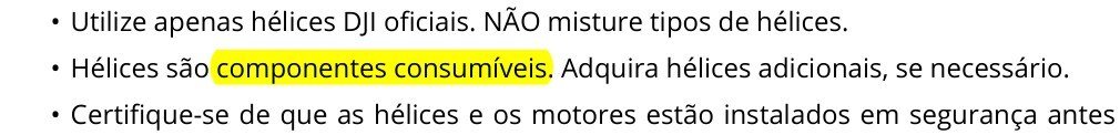 Trecho do manual do Mini 4 Pro sobre hélices como componentes consumíveis