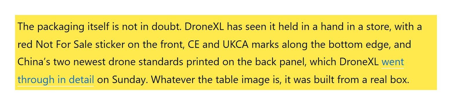 Trecho da DroneXL explicando que a caixa do DJI Neo 3 é real e que a foto na mesa de madeira reaproveita a arte da caixa