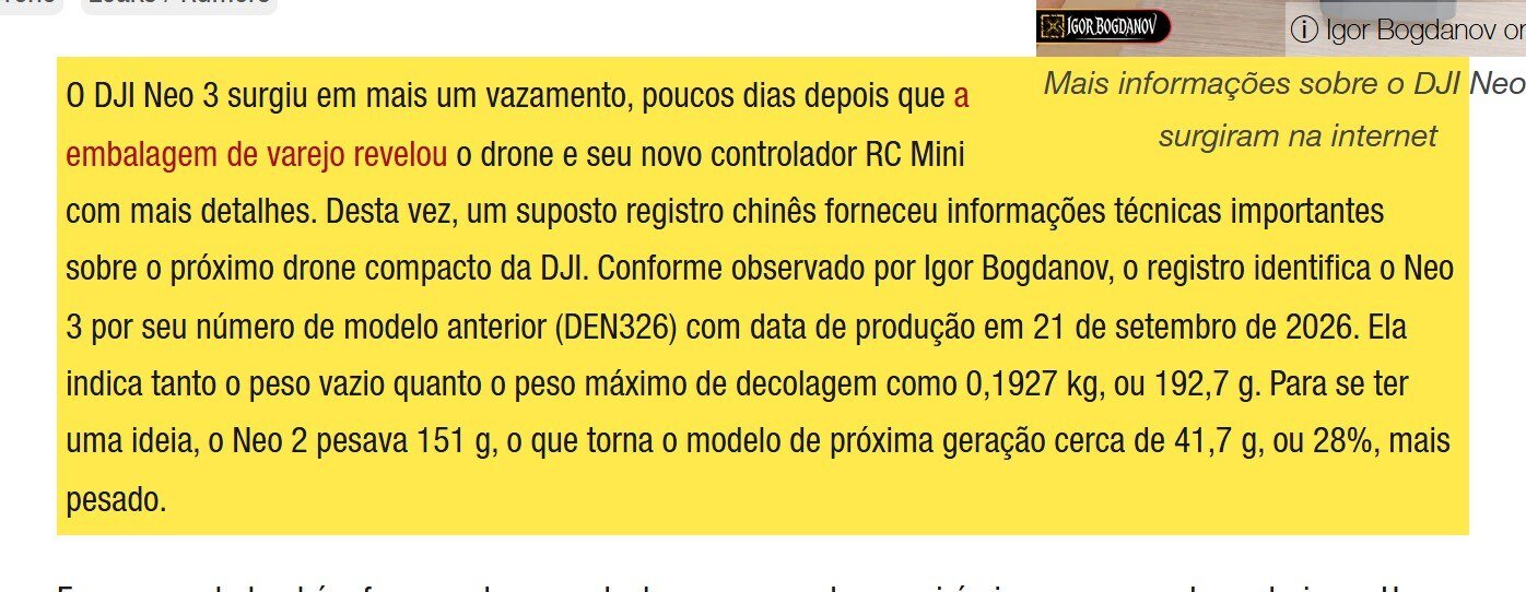 Trecho da Notebookcheck com o peso de 192,7 g e a data de produção do DJI Neo 3 no registro vazado