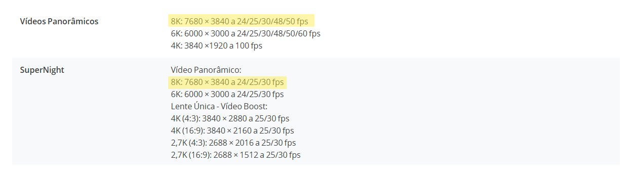 Página oficial de especificações do Osmo 360 com o vídeo panorâmico 8K a 50 fps destacado