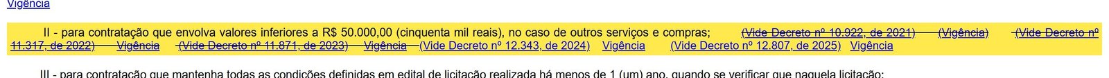 Trecho da Lei 14.133/2021 com o limite de dispensa por valor destacado