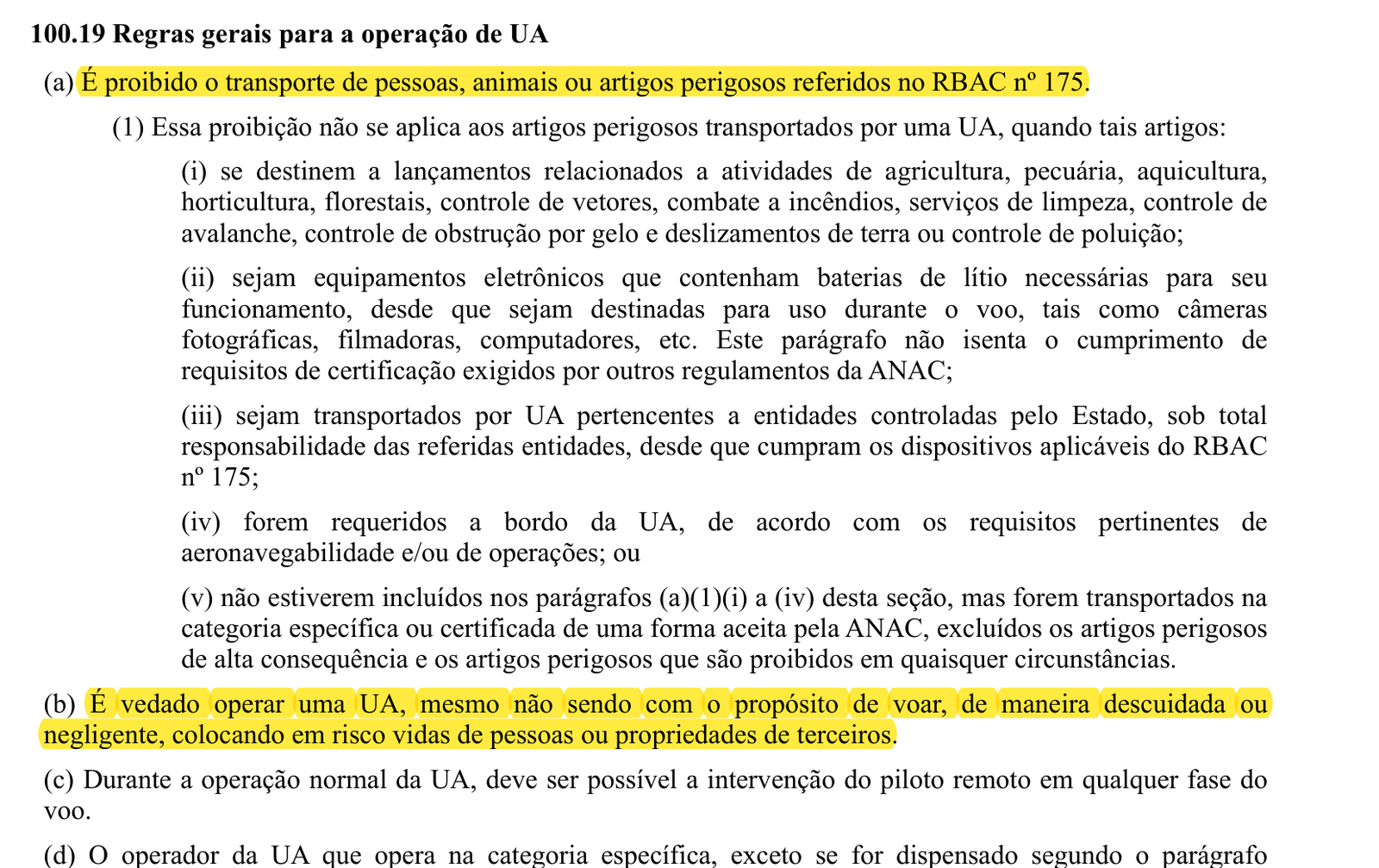 Seção 100.19 do RBAC 100 com a proibição de transportar artigos perigosos e a vedação de operar de maneira descuidada destacadas