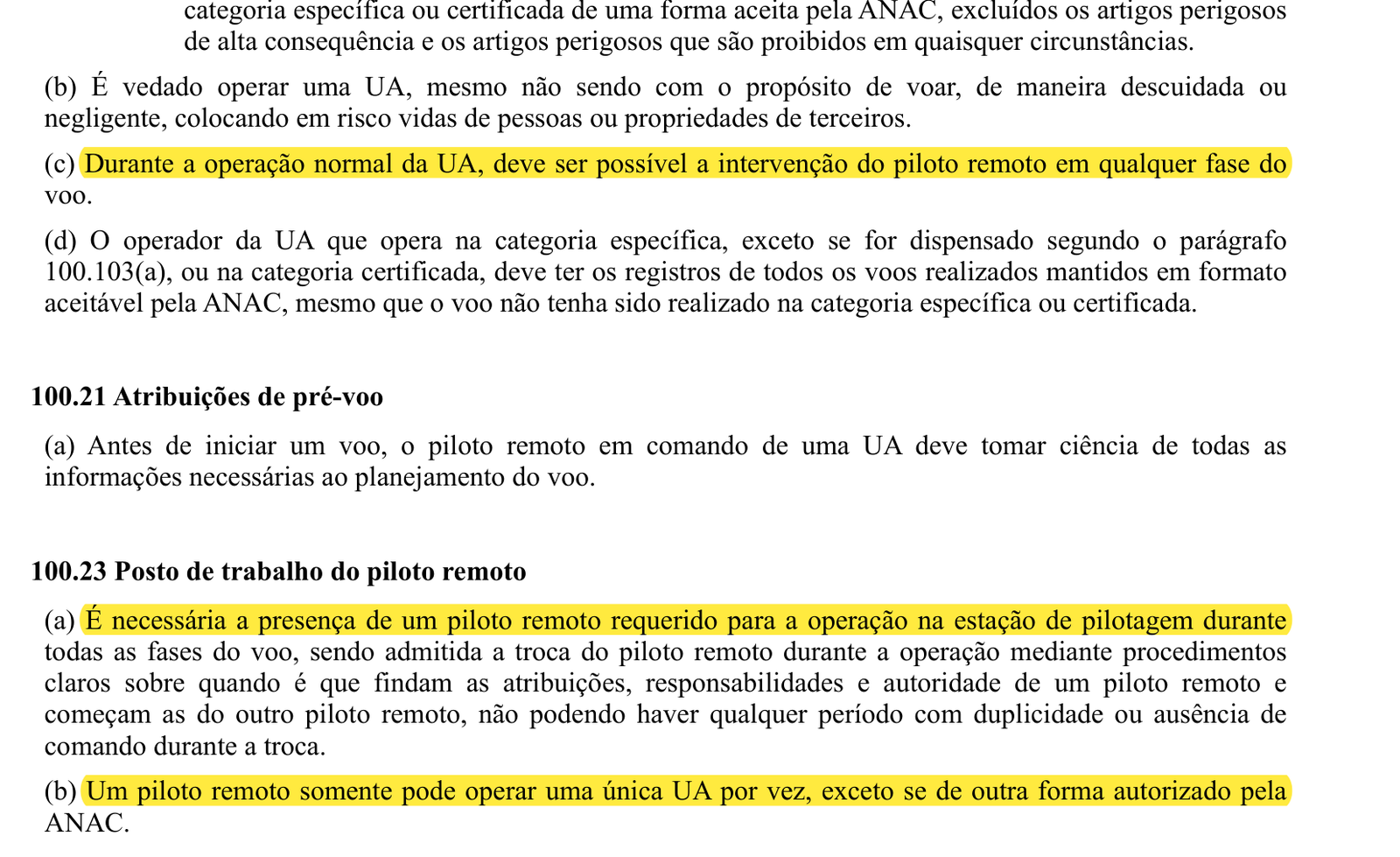 Seções 100.19 e 100.23 do RBAC 100 com a exigência de intervenção do piloto e a regra de uma aeronave por piloto destacadas