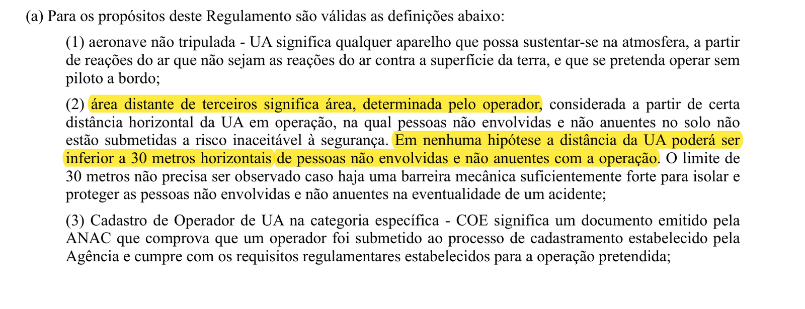 Trecho do RBAC 100 com a definição de área distante de terceiros e a regra dos 30 metros destacada