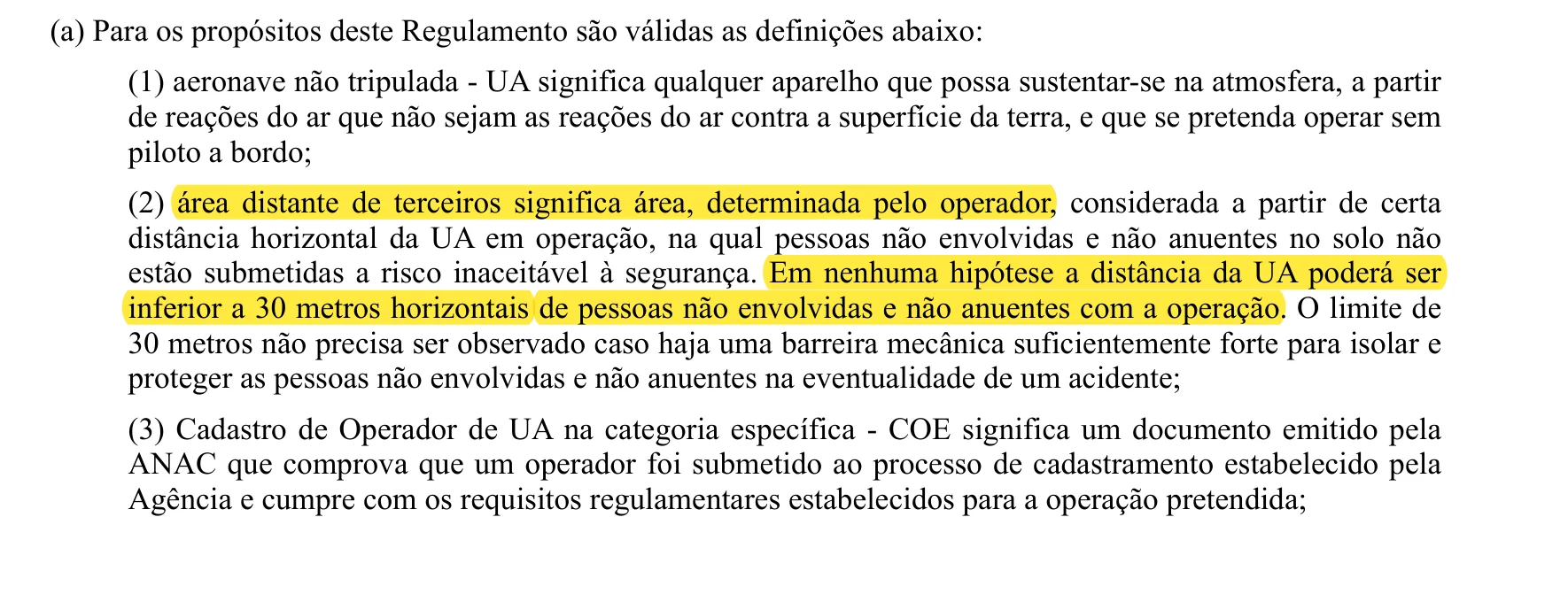 Definição de área distante de terceiros no RBAC 100 com o limite de 30 metros horizontais destacado