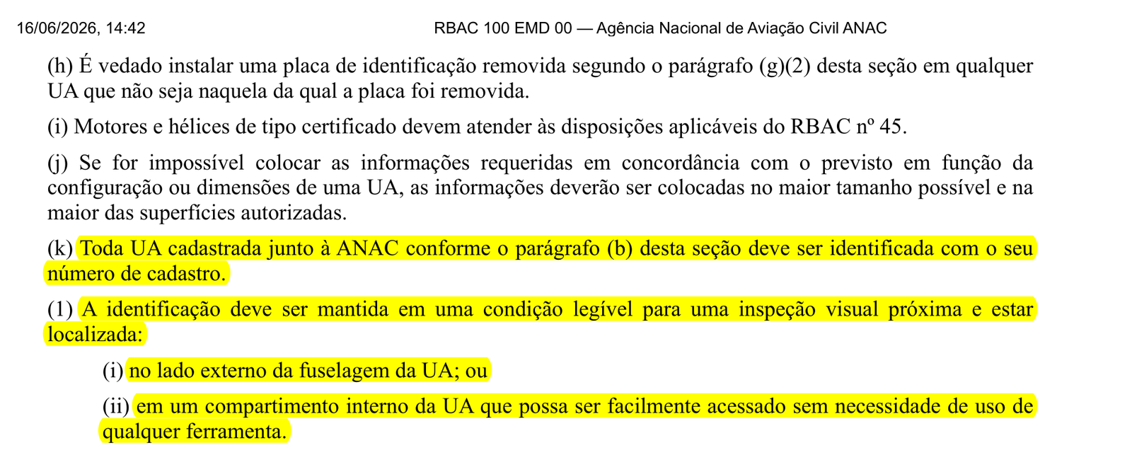 Item 100.301(k) do RBAC 100 com a exigência de identificar o drone pelo número de cadastro destacada