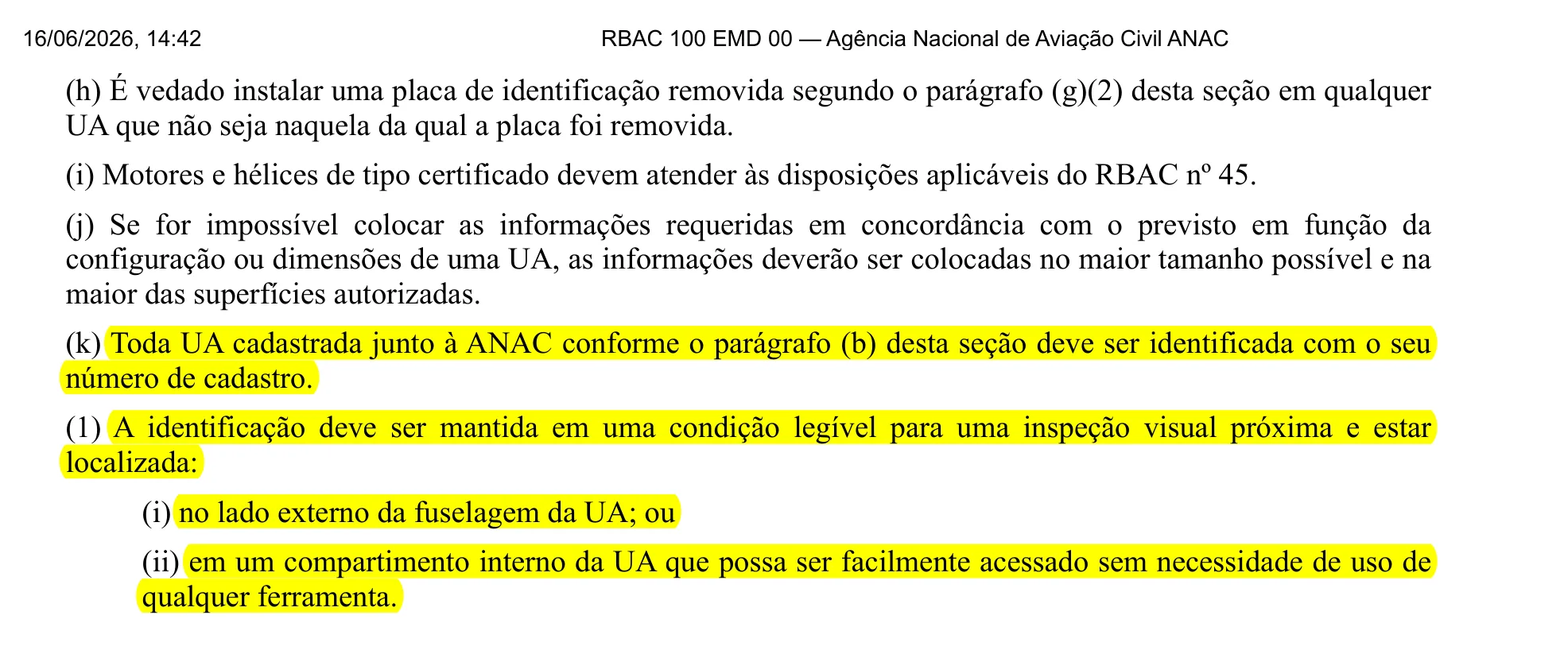 Item 100.301(k) do RBAC 100 com a exigência de identificar o drone pelo número de cadastro destacada