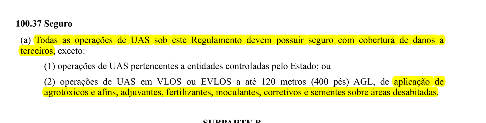 Seção 100.37 do RBAC 100 com a exigência de seguro com cobertura de danos a terceiros destacada