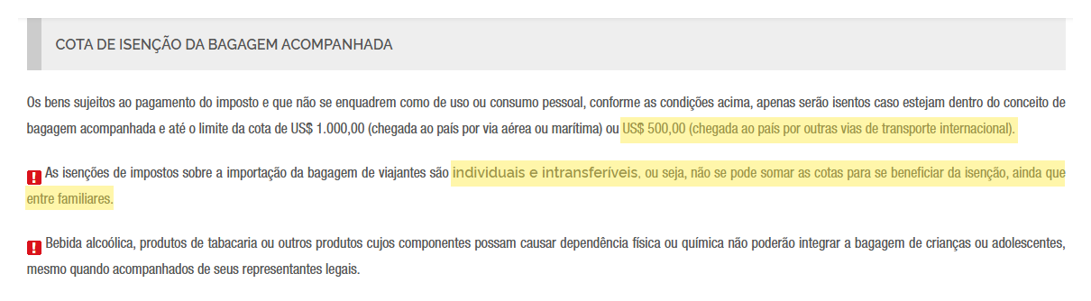 Página da Receita Federal com a cota de US$ 500 por outras vias e a regra de cotas individuais e intransferíveis destacadas