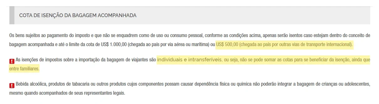 Página da Receita Federal com a cota de US$ 500 por outras vias e a regra de cotas individuais e intransferíveis destacadas