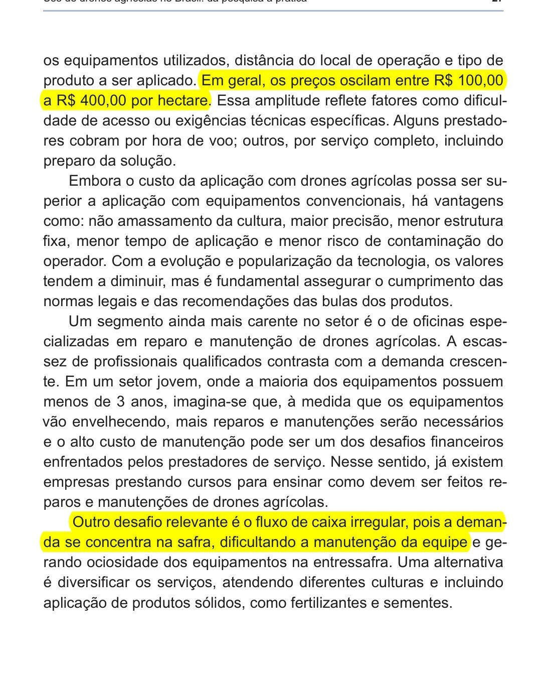 Página 27 do Documentos 474 da Embrapa com a faixa de R$ 100 a R$ 400 por hectare e o trecho sobre fluxo de caixa irregular destacados