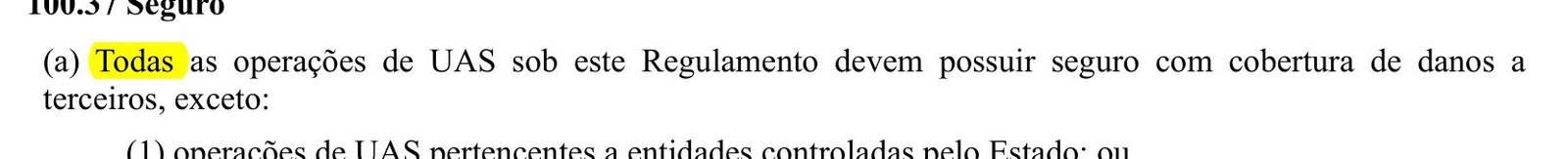 Trecho do RBAC 100 com o item 100.37 destacado, que exige seguro de danos a terceiros