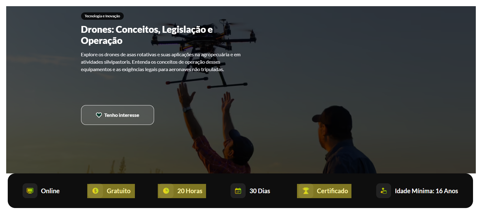 Página do curso EAD Drones: Conceitos, Legislação e Operação do SENAR Goiás, gratuito, 20 horas