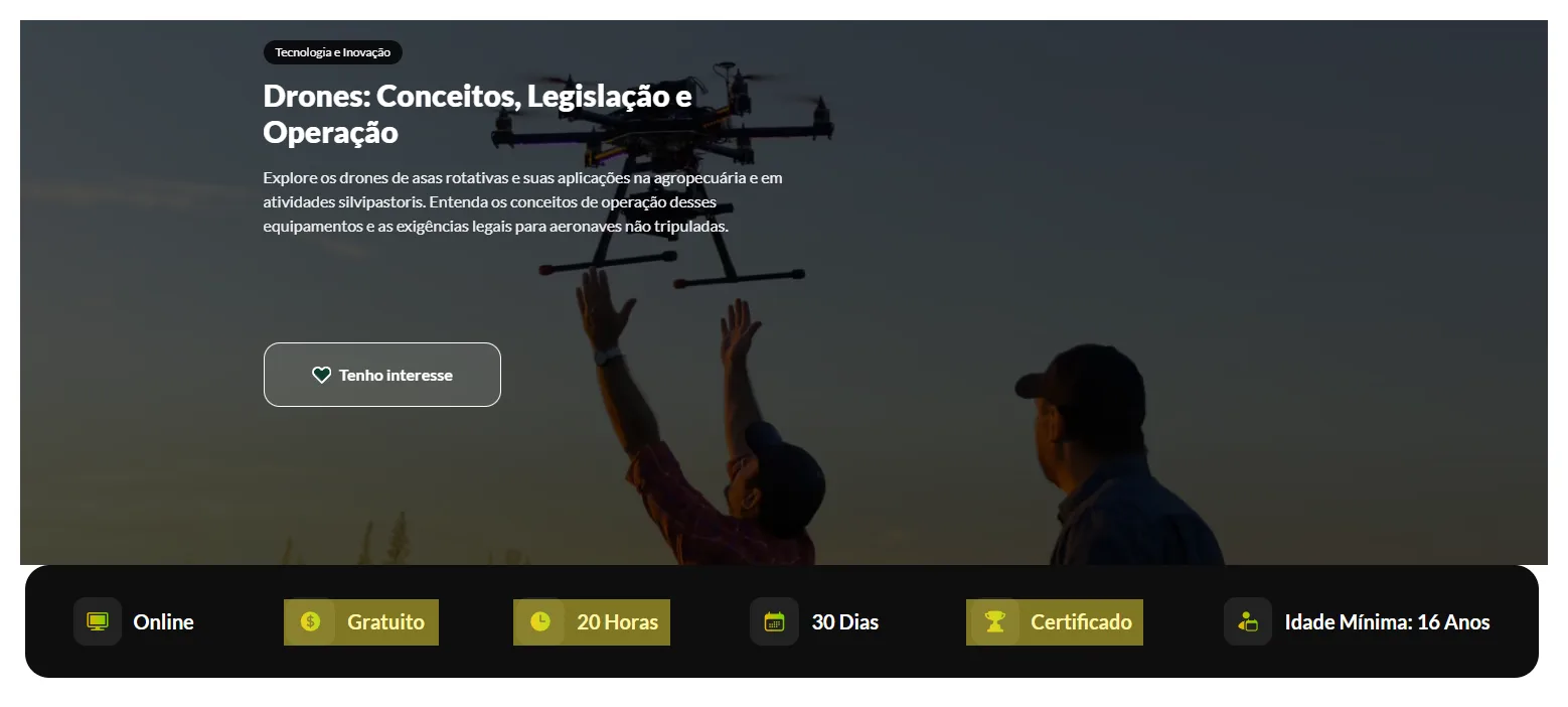 Página do curso EAD Drones: Conceitos, Legislação e Operação do SENAR Goiás, gratuito, 20 horas
