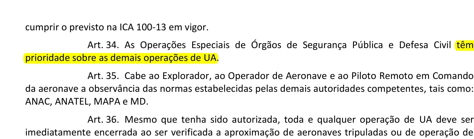 Trecho da ICA 100-40 com o art. 34 destacado: prioridade das operações de segurança pública e Defesa Civil