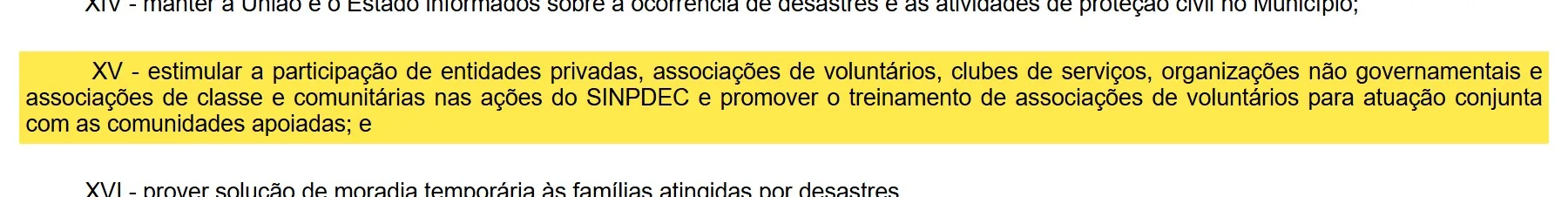 Trecho da Lei 12.608/2012 com o inciso XV do art. 8º destacado: associações de voluntários