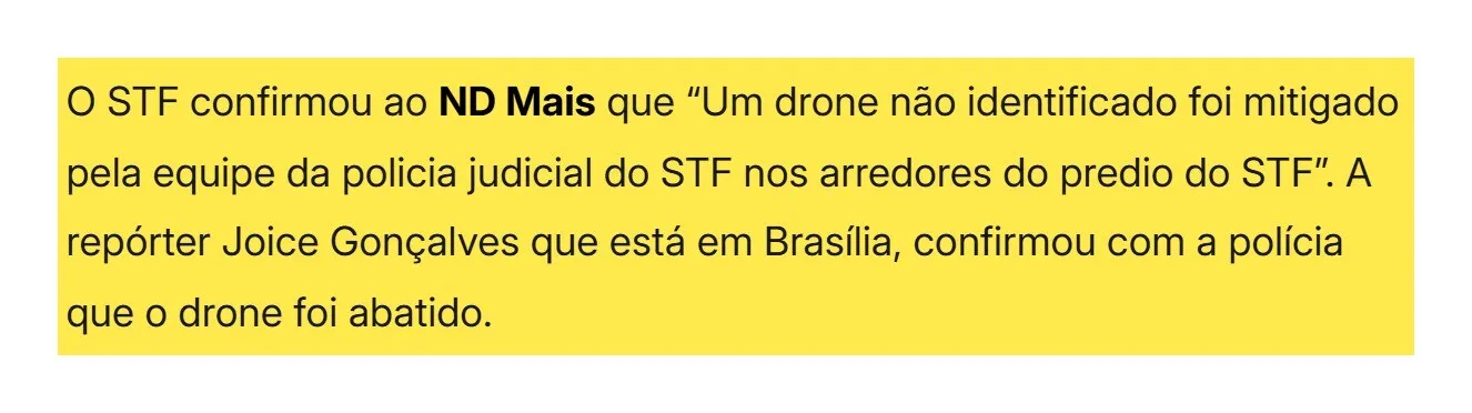 Trecho da matéria do ND Mais com a nota do STF sobre o drone mitigado destacada