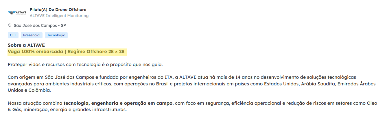 Anúncio de vaga de piloto de drone offshore da ALTAVE com regime embarcado 28x28 e requisitos destacados