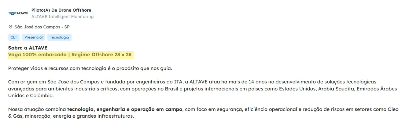 Anúncio de vaga de piloto de drone offshore da ALTAVE com regime embarcado 28x28 e requisitos destacados