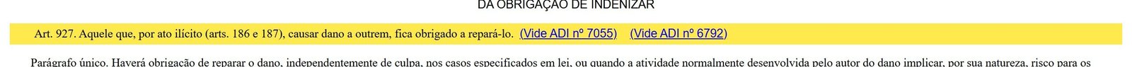 Trecho do Código Civil com o artigo 927 destacado, sobre a obrigação de reparar o dano