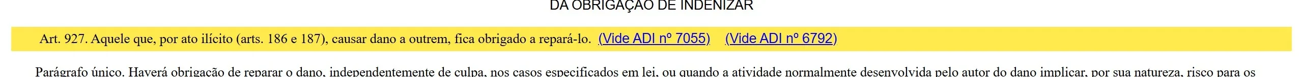 Trecho do Código Civil com o artigo 927 destacado, sobre a obrigação de reparar o dano