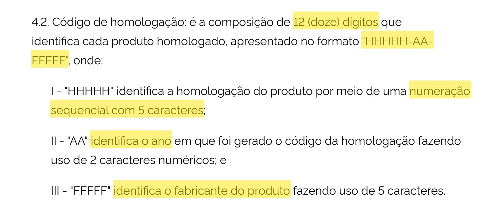Item 4.2 do Ato nº 4.088/2020 da Anatel com destaque: código de homologação de 12 dígitos no formato HHHHH-AA-FFFFF, numeração sequencial, ano e fabricante