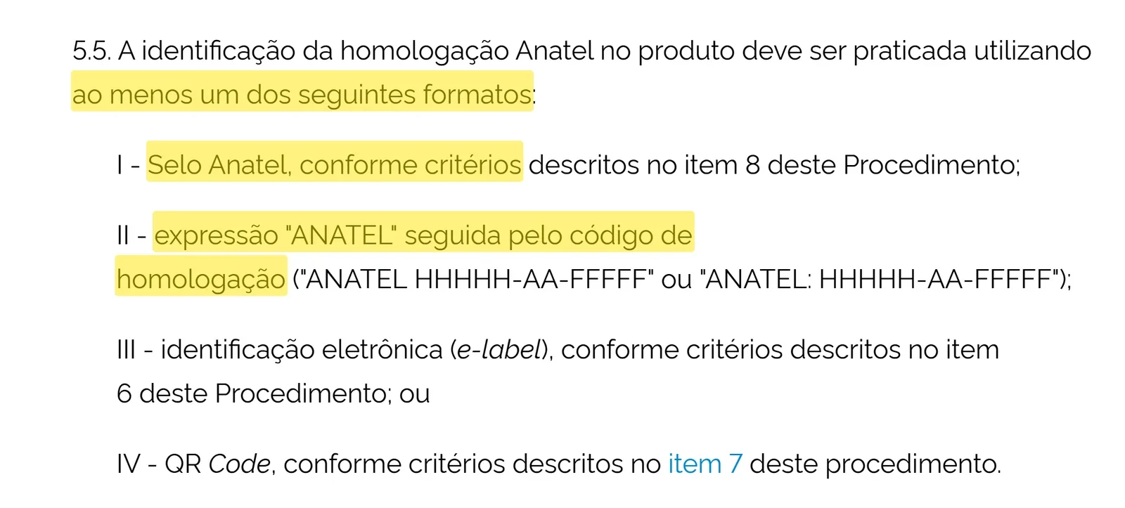 Item 5.5 do Ato nº 4.088/2020 da Anatel com destaque nos formatos aceitos: Selo Anatel ou a expressão ANATEL seguida do código de homologação