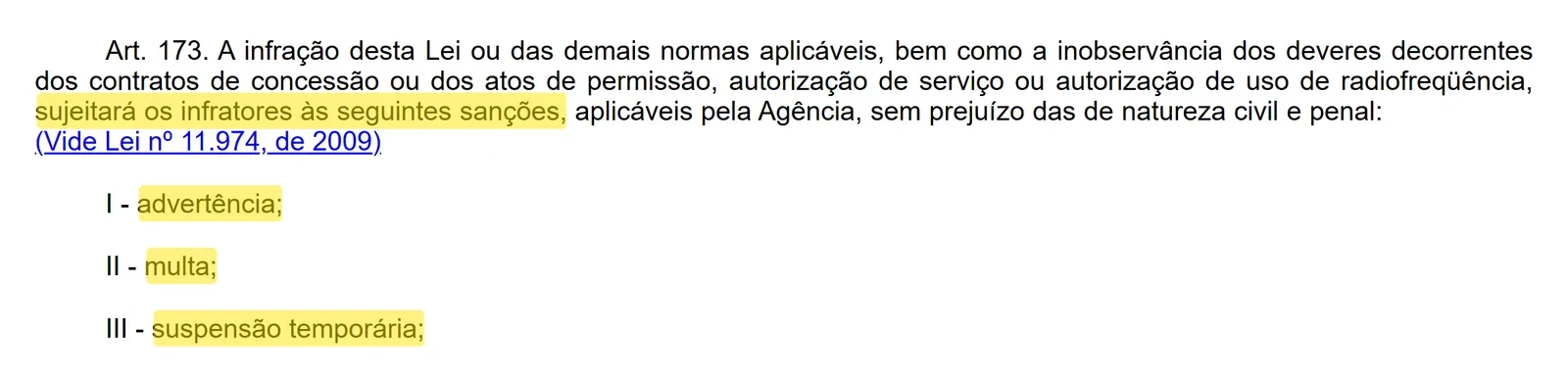 Art. 173 da Lei nº 9.472/1997 com destaque nas sanções: advertência, multa e suspensão temporária