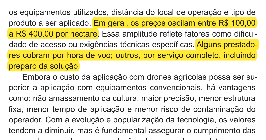 Trecho do Documento 474 da Embrapa Soja com a faixa de R$ 100,00 a R$ 400,00 por hectare destacada em amarelo