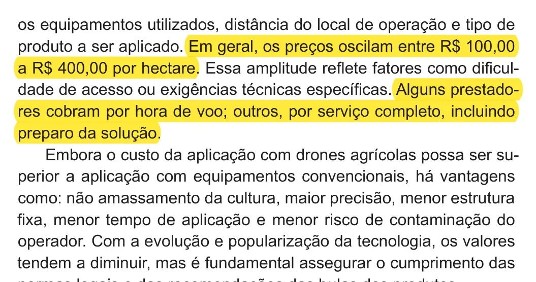 Trecho do Documento 474 da Embrapa Soja com a faixa de R$ 100,00 a R$ 400,00 por hectare destacada em amarelo