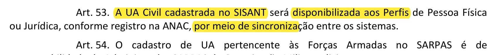 Artigo 53 da ICA 100-40 destacando que a aeronave civil cadastrada no SISANT é disponibilizada no SARPAS por sincronização entre os sistemas