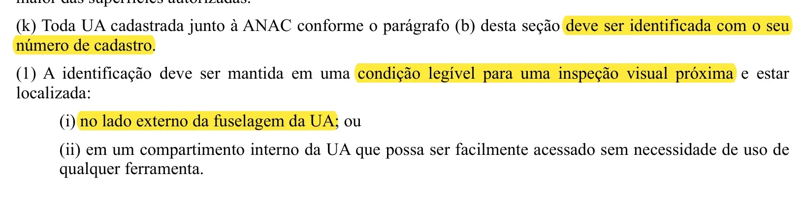 Seção 100.301(k) do RBAC nº 100 com destaque para a exigência de identificar a aeronave com o número de cadastro