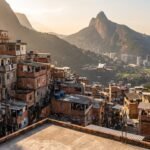 Vista de uma laje na Rocinha, no Rio de Janeiro, com drone em voo sobre os telhados da favela e o morro Dois Irmaos ao fundo