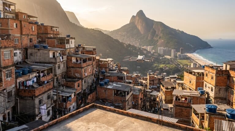 Vista de uma laje na Rocinha, no Rio de Janeiro, com drone em voo sobre os telhados da favela e o morro Dois Irmaos ao fundo