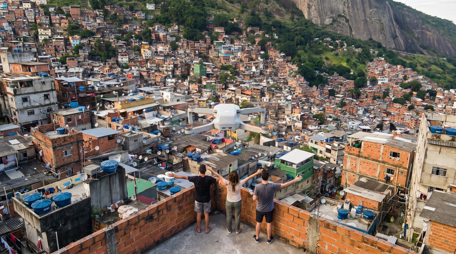 Turistas de costas numa laje da Rocinha enquanto o drone paira à frente sobre os telhados da favela