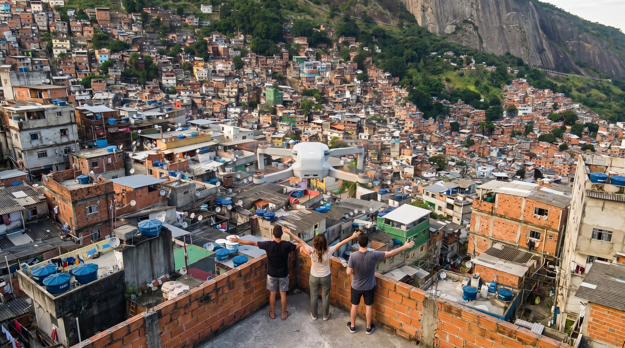 Turistas de costas numa laje da Rocinha enquanto o drone paira à frente sobre os telhados da favela