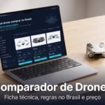 Notebook exibindo o Comparador de Drones com filtros e cards de drones DJI, ao lado de um drone dobrado
