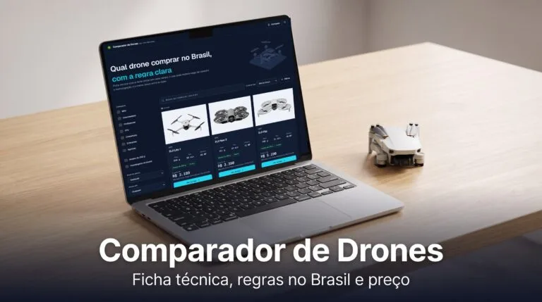 Notebook exibindo o Comparador de Drones com filtros e cards de drones DJI, ao lado de um drone dobrado