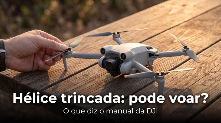 DJI Mini 5 Pro sobre uma mesa de madeira, com a mão de um piloto segurando a ponta de uma hélice para inspeção