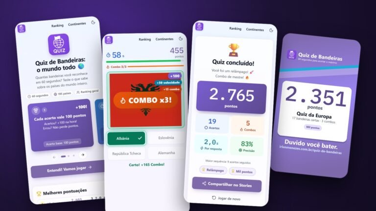 Telas do Quiz de Bandeiras: início, combo, resultado e card do Stories