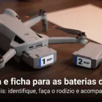 Mini 4 Pro com a bateria encaixada e a etiqueta número 1, ao lado de duas baterias reservas numeradas e de uma folha de ficha