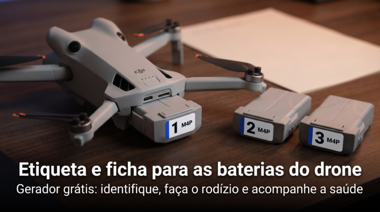 Mini 4 Pro com a bateria encaixada e a etiqueta número 1, ao lado de duas baterias reservas numeradas e de uma folha de ficha