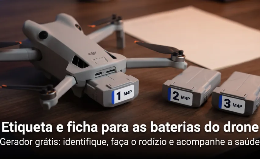 Etiqueta e ficha de controle para as baterias do drone: gerador grátis para imprimir, fazer o rodízio e acompanhar a saúde (2026)