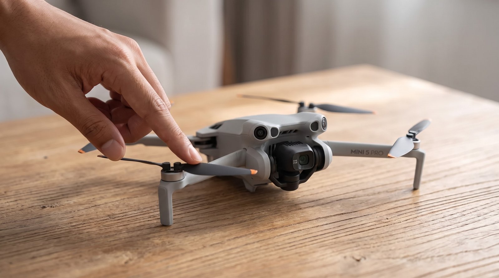 Dedo apontando para a pá de uma hélice do DJI Mini 5 Pro, na inspeção visual antes do voo
